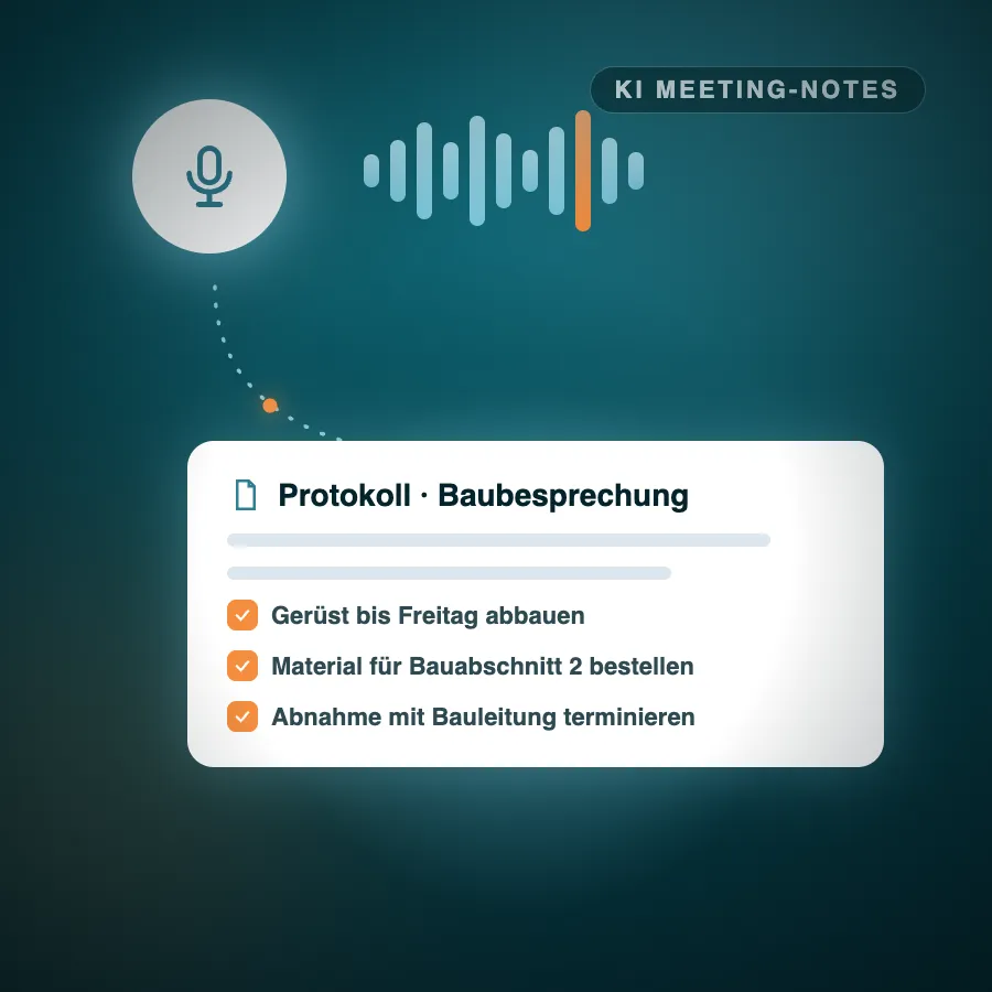 Illustration: Audio-Aufnahme einer Besprechung wird zu einem strukturierten Protokoll mit Aufgaben
