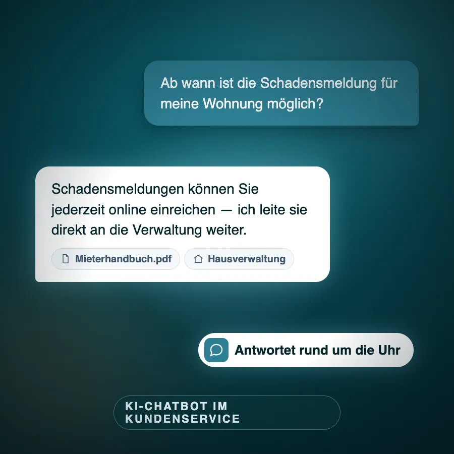 Illustration: Chat-Dialog zwischen Mieterin und KI-Chatbot mit Quellenangaben